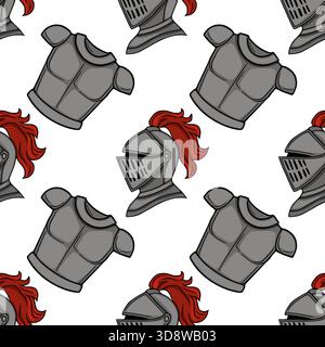 Seamless vector pattern featuring stylized medieval knight's armor, including helmets with red plumes and breastplates, rendered in a graphic, bold st Stock Vector