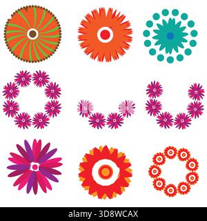 Colorful circle flower shapes collection featuring abstract floral patterns, decorative petals, geometric bloom designs and vibrant. Stock Vector