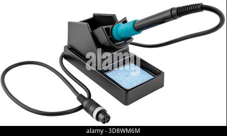 Compact soldering iron with stand designed for precision work with printed circuit boards. Provides reliable connections and ease of use. Stock Photo