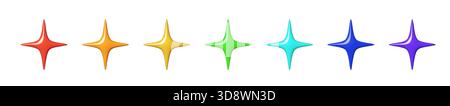 Cute glossy 3D star symbols in rainbow tones. Every 3D star shines with a soft twinkle effect, ideal for badges, emoji packs, fantasy UI, children Stock Vector
