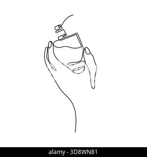 Hand holding and spraying a perfume bottle. One line minimalist vector. Perfect for use in cosmetic branding, skincare and beauty packaging, posters, Stock Vector