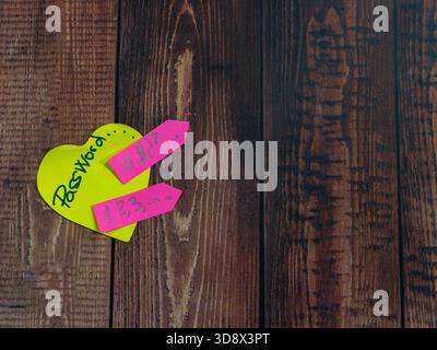 Sticky notes with password symbols and text on a heart shape over a rustic wooden table. Concept of data protection cyber security and hacking risk. E Stock Photo