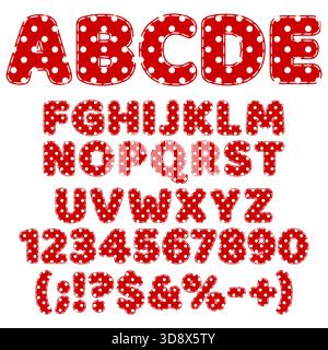 Font, alphabet from made of polka dot fabric and stitches. Isolated vector objects on white background. Stock Vector