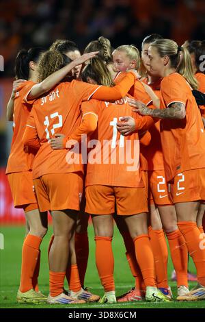 WAALWIJK - The Netherlands celebrates winning 3-0 during the friendly match between the Netherlands (w) and South Korea (w) at the Mandemakers Stadium on December 2, 2025, in Waalwijk, Netherlands. ANP BART STOUTJESDIJK Stock Photo
