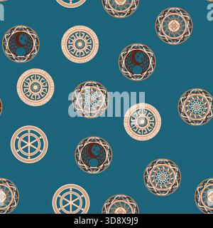 Seamless pattern ancient Slavic symbols. Star of the arkgamma, kolovrat, trixel, valknut, celtic cross and other Slavic symbol, decorated with ornament in a wreath of Scandinavian weaving Stock Vector