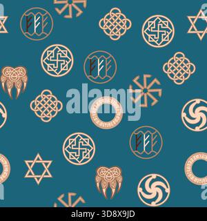 Seamless pattern ancient Slavic symbols. Star of the arkgamma, kolovrat, trixel, valknut, celtic cross and other Slavic symbol, decorated with ornament in a wreath of Scandinavian weaving Stock Vector