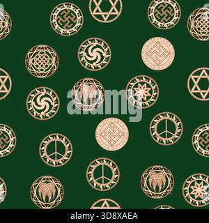 Seamless pattern ancient Slavic symbols. Star of the arkgamma, kolovrat, trixel, valknut, celtic cross and other Slavic symbol, decorated with ornament in a wreath of Scandinavian weaving Stock Vector