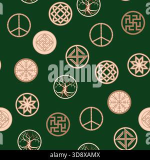 Seamless pattern ancient Slavic symbols. Star of the arkgamma, kolovrat, trixel, valknut, celtic cross and other Slavic symbol, decorated with ornament in a wreath of Scandinavian weaving Stock Vector