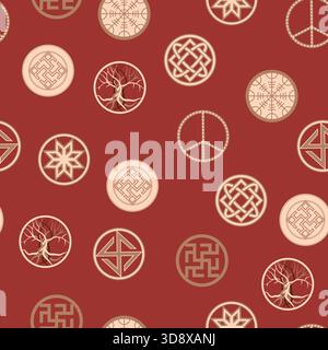 Seamless pattern ancient Slavic symbols. Star of the arkgamma, kolovrat, trixel, valknut, celtic cross and other Slavic symbol, decorated with ornament in a wreath of Scandinavian weaving Stock Vector