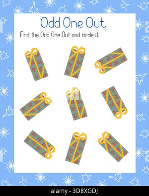 Christmas holiday Odd One Out game find, circle element that differs from others hand drawn illustration, educational printable worksheet for kids, leisure activity learning concept, teacher resources Stock Vector