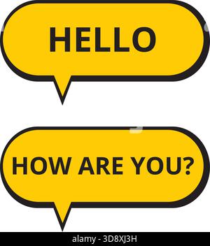 Yellow speech bubbles with hello and how are you expressions on a white background Stock Vector