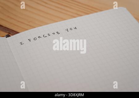 Close-up of an open grid notebook with the handwritten word “sorry” on a blank page, placed on a wooden surface. Stock Photo