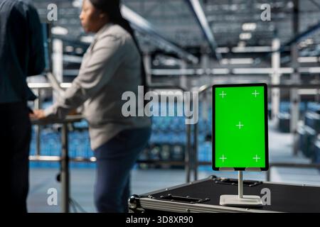 Close up of green screen tablet in front of teamworking data center admins installing and configuring hardware. Server room colleagues maintaining network infrastructure using mockup device Stock Photo