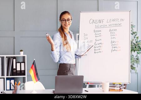Teacher Explaining Online German Lesson Plan in a Bright Classroom Setting Stock Photo