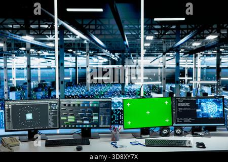 Deep learning software running on green screen mockup PCs in data center with operational server racks. Chroma key isolated screen computers using artificial intelligence tech in server hub Stock Photo
