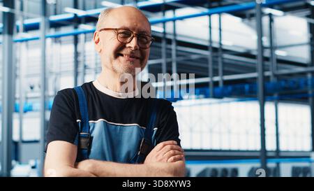 Portrait of jolly senior engineer in industry 4.0 industrial plant installing machinery, conducting thorough testing. Upbeat elderly man in smart factory calibrating IoT sensors Stock Photo