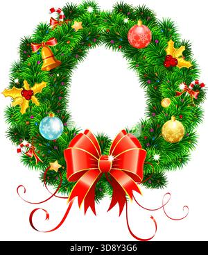 Decorative Christmas wreath with red bow, candy, baubles and Christmas decoration. vector illustration isolated on transparent background Stock Vector