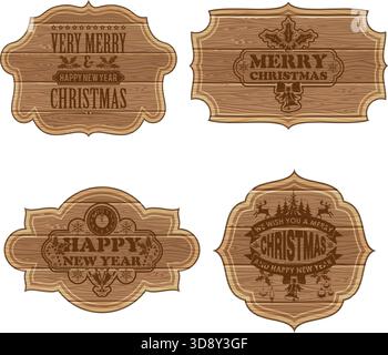Collect retro wooden frames with Christmas labels. vector illustration isolated on transparent background Stock Vector