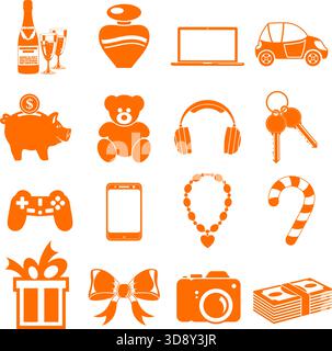 Set Christmas Gifts Icons with Jewels, Smartphone, Perfume. Vector isolated on white background. Stock Vector