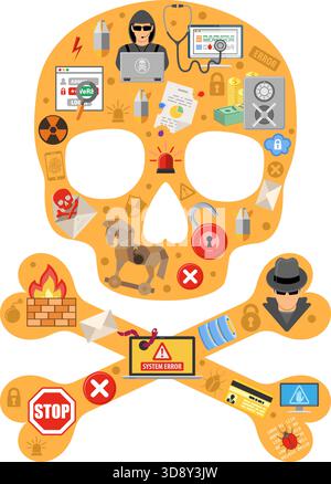 Internet Security Concept with Flat Icon Set for Flyer, Poster, Web Site, Printing Advertising Like Hacker, Virus, Spam and Thief. Stock Vector