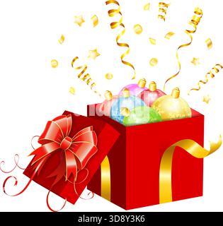 Christmas Gift with Colorful Baubles, vector icon isolated on white background. Stock Vector
