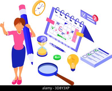 Planning schedule time management and planning with deadline time isometric infographics business vector illustration Stock Vector
