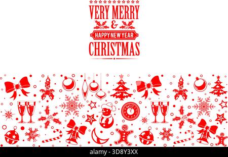Christmas and New Year Banner with snowflake, champagne, tree, bauble icons. Isolated vector illustration Stock Vector