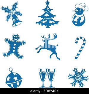 Set Christmas Icons with Tree, Snowman, Candy, Snowflake, vector Stock Vector