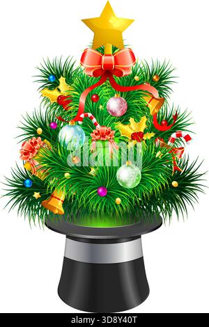 Magician Hat with Christmas Tree, icon isolated on white background, vector illustration Stock Vector