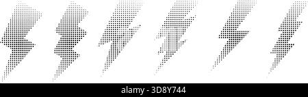 Set of black thunderbolt shapes with halftone, noise or grainy texture isolated on white background. Dotted lightning silhouettes in manga style. Vector graphic illustrations. Stock Vector