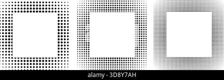 Set of square frames with halftone texture. Quadrangular shapes with dotted, noisy or grainy borders isolated on white background. Decorative design elements. Vector graphic illustration. Stock Vector