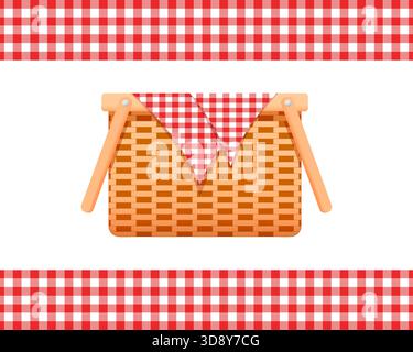 Empty wicker picnic basket with napkin and borders with checkered gingham pattern. Woven willow hamper isolated on white background. Vector cartoon illustration. Stock Vector
