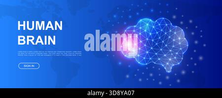 Human brain polygonal horizontal banner. Mind low poly symbol for promotion banner. Organ design template illustration. Stock Vector