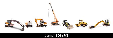 A diverse horizontal arrangement of construction heavy machinery, including excavators, loaders, and a mobile crane, isolated on white. High quality p Stock Photo