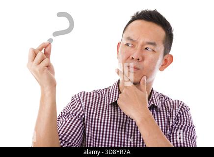 Asian man hand holding blank sign with unsure face expression, isolated over white background Stock Photo