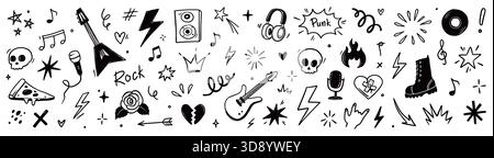Rock and roll music icons with punk guitar stickers, grunge skulls, hand gestures, stars and tattoo style band symbols. Hand drawn grunge doodle style rock music icons. Vector illustration Stock Vector