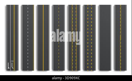 Realistic top view of asphalt vector highway and road segments with dashed, solid and double lines and directional arrows. Map, game interface, driving lessons, traffic education road segments Stock Vector