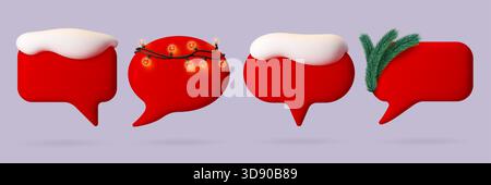 Christmas 3D speech bubbles with round and rectangle shapes and snow on top. Red vector dialog boxes with fir branches and garland lights for magical winter vibe Stock Vector