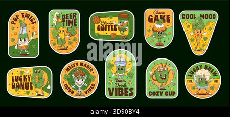 St Patrick day hippie groovy label stickers with funny characters for Irish holiday, cartoon vector. Groovy green ale beer with funny face and cupcake in leprechaun hat for Saint Patrick stickers Stock Vector