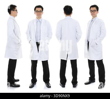 Full body Asian male beauty therapist in beautician uniform with confident smile, standing in different angle, front, back and side, isolated on white Stock Photo