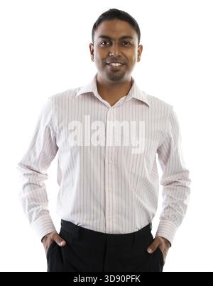 Indian man smiling. Confident young Indian people standing isolated on white background Stock Photo
