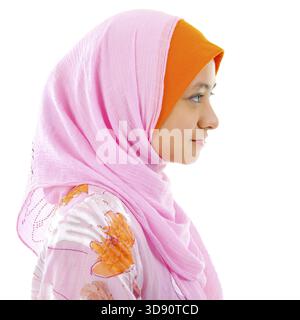 Side view of A Beautiful Muslim woman isolated on white Stock Photo