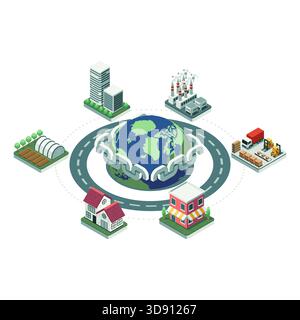 Isometric Supply Chain Management Cycle with Industry and Retail Elements. Supply Chain Management Concept Stock Vector
