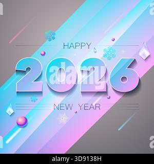 Vector illustration featuring a modern New Year 2026 design with large three-dimensional gradient numbers in cyan, blue, and pink tones. For holiday g Stock Vector