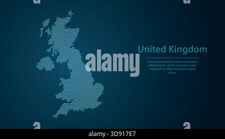 United Kingdom outline map filled with concentric circles on dark gradient background Stock Vector