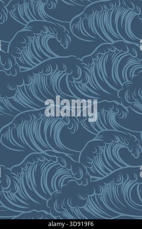 Vector seamless pattern with stylized hand drawn stormy ocean waves on dark background. Texture with blue monochrome motion waves for wallpaper and te Stock Vector