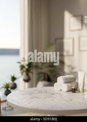 White towel with diffuser and lotion tube aside on grey marble stool table in a wellness spa or bathroom. Body Relaxing, 3d rendering, 3d illustration Stock Photo