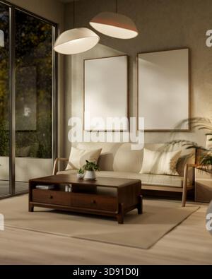Blank frames on living room wall hanging over a sofa with cushion and a wooden table on parquet floor under lamp light. 3D rendering, 3D Illustration. Stock Photo