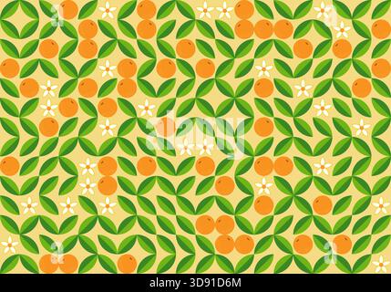 Citrus Floral Geometric Pattern, Seamless vector background, stylized oranges, white flowers, and fresh green leaves, summer design for textiles, pack Stock Vector