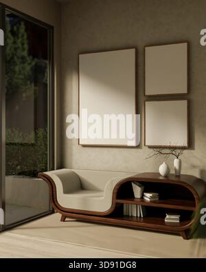Blank frames on living room wall over a creative multi function table with armchair on wooden floor beside glass wall. 3D rendering, 3D Illustration. Stock Photo